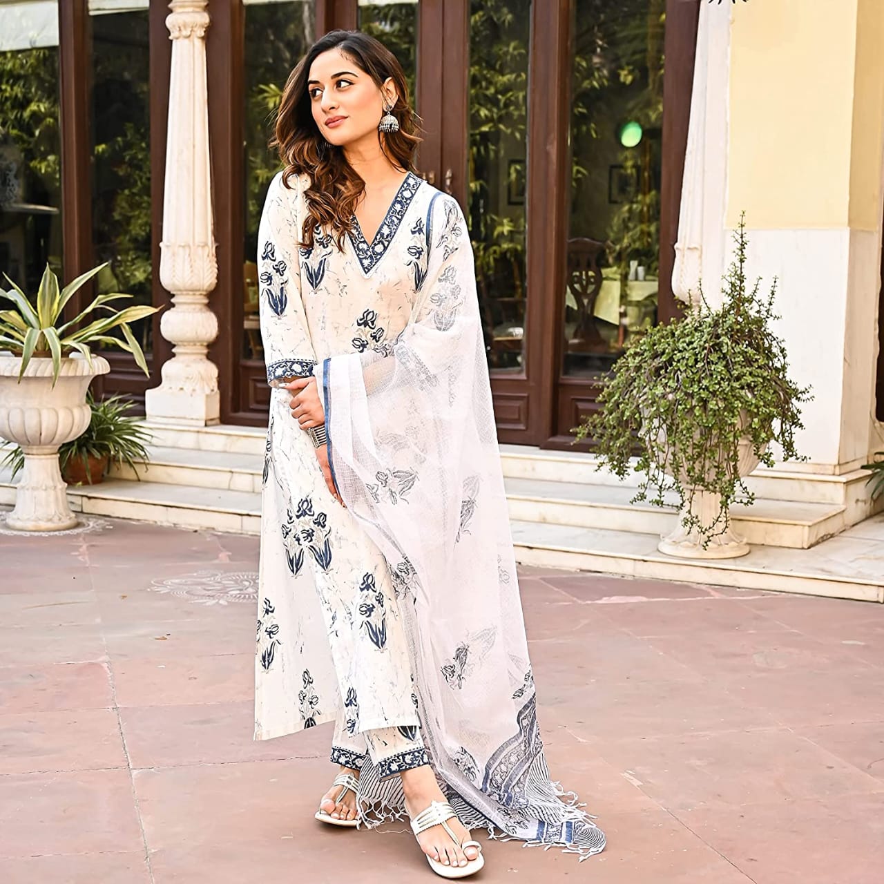 White Printed A- Line Cotton Kurta Set