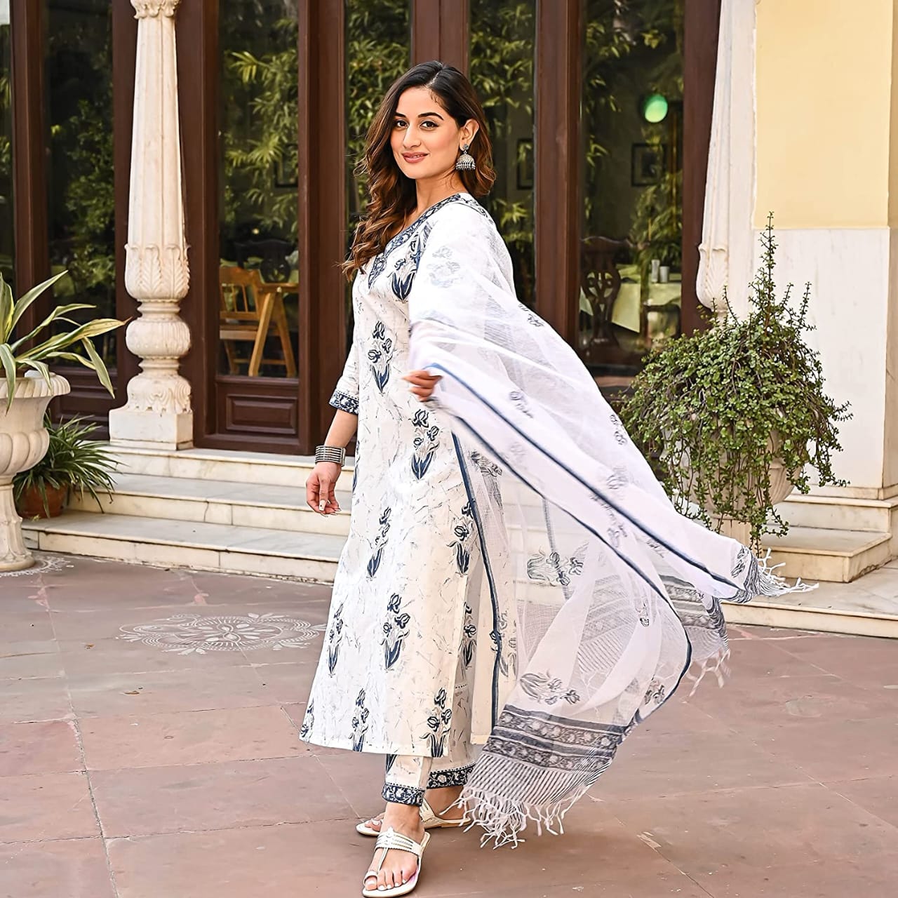 White Printed A- Line Cotton Kurta Set - Image 4