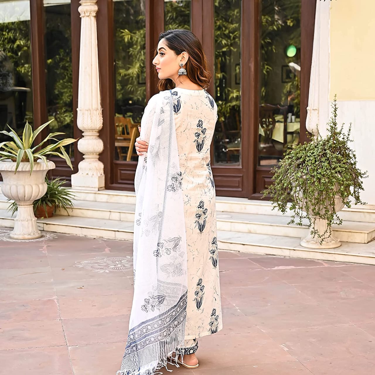 White Printed A- Line Cotton Kurta Set - Image 7