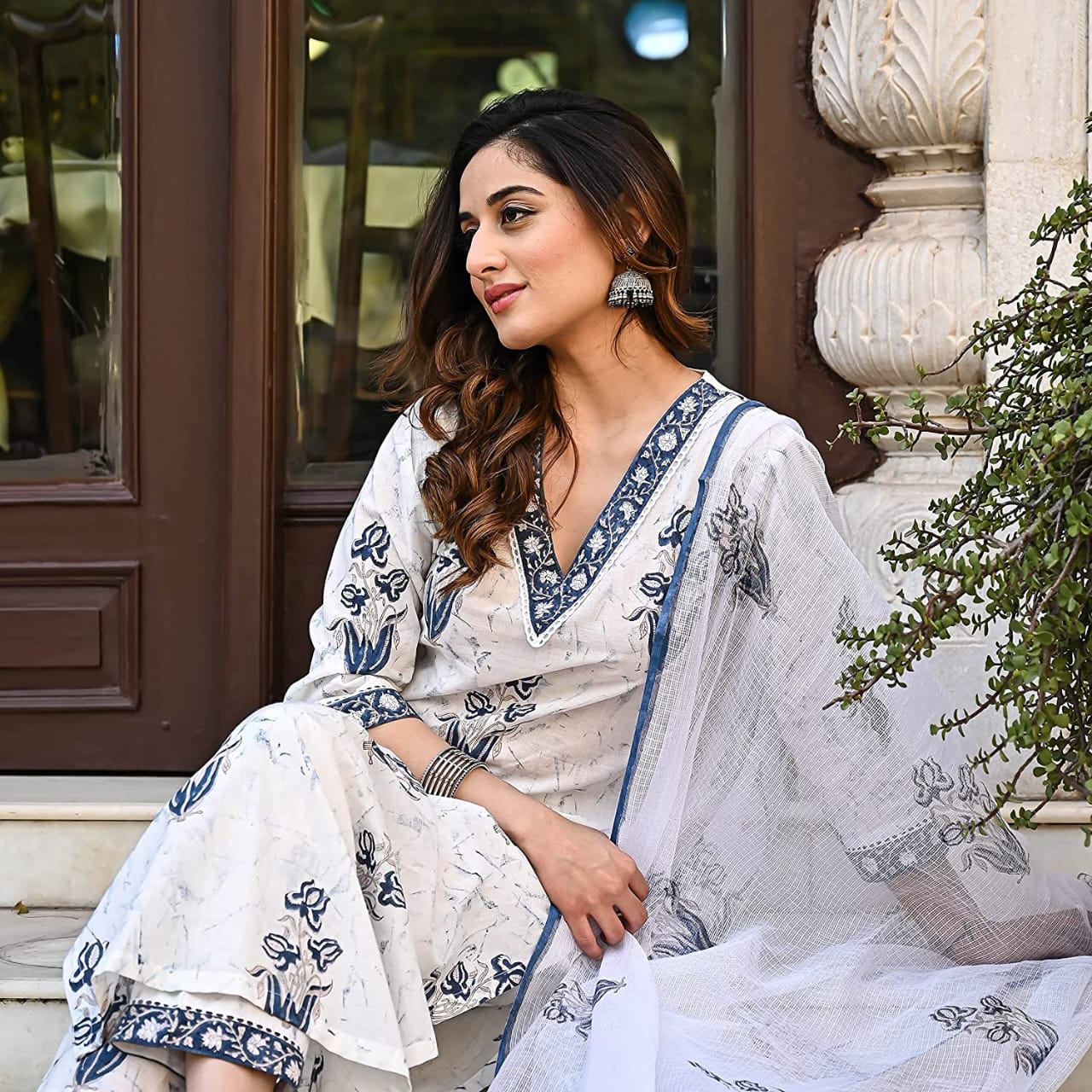 White Printed A- Line Cotton Kurta Set - Image 3