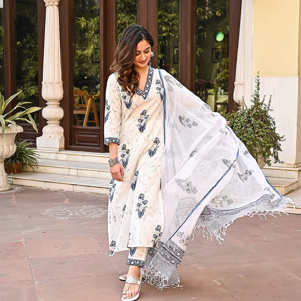 White Printed A- Line Cotton Kurta Set - Image 5